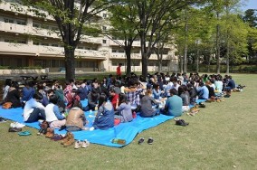 青空のもと、大きなシートでお花見